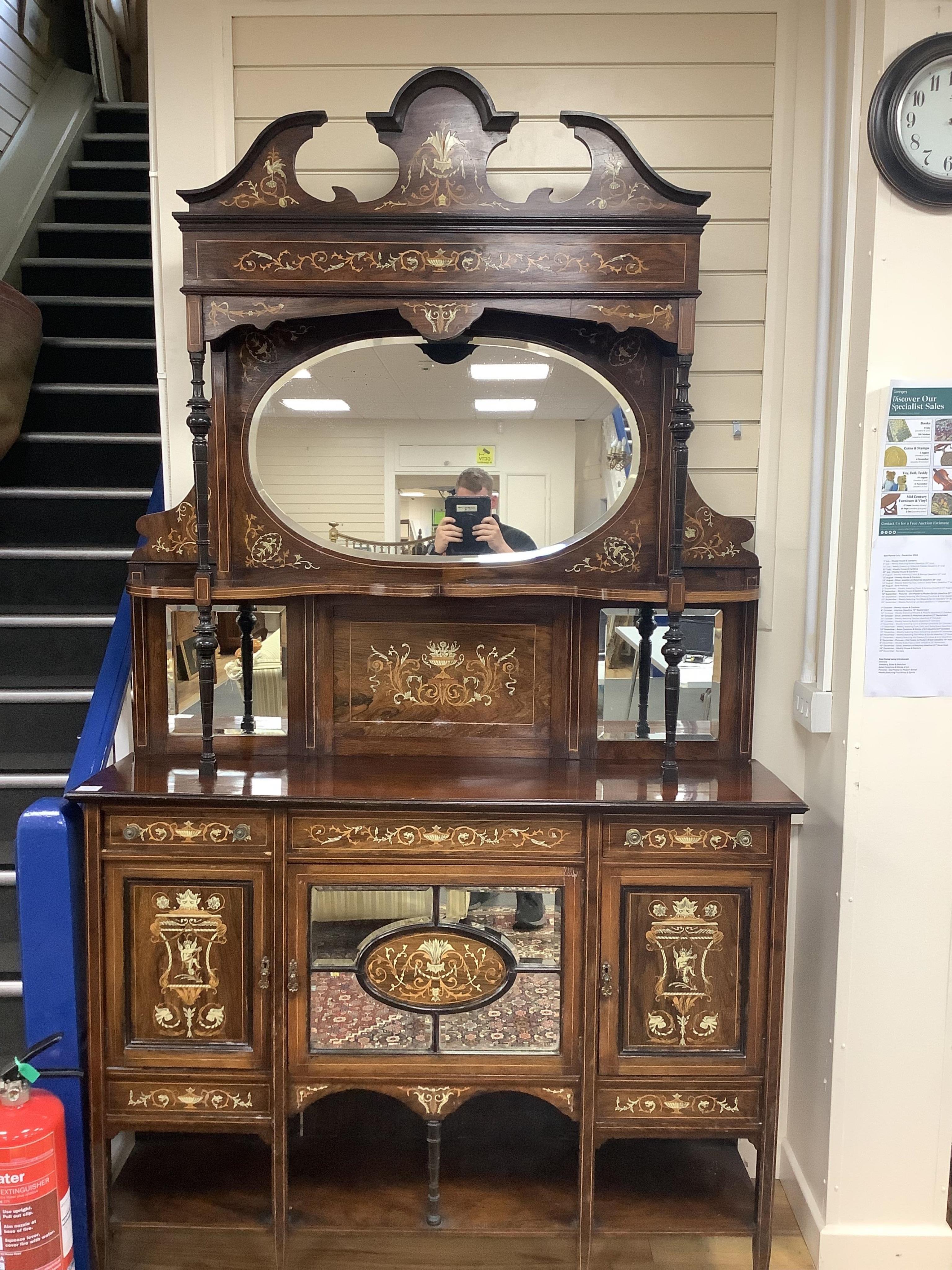 A Victorian marquetry and inlaid rosewood side cabinet, width 137cm, depth 37cm, height 232cm. Condition - good